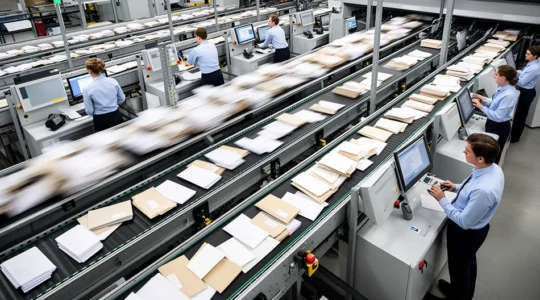 Vue aérienne d'une salle de tri postal moderne avec machines automatisées et enveloppes en mouvement sur convoyeurs