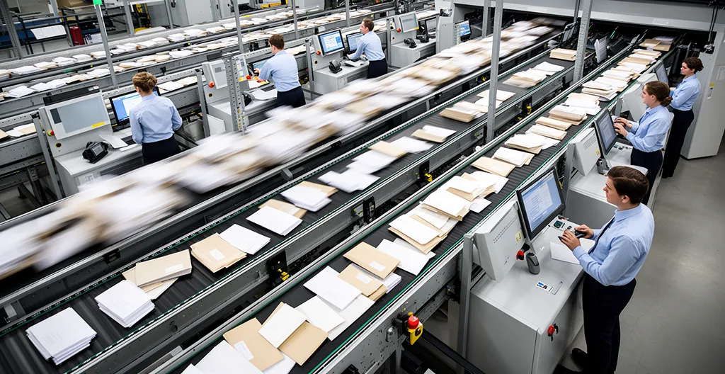 Vue aérienne d'une salle de tri postal moderne avec machines automatisées et enveloppes en mouvement sur convoyeurs