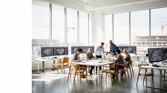Bureau d'architecte moderne avec plans numériques et équipe BTP en discussion