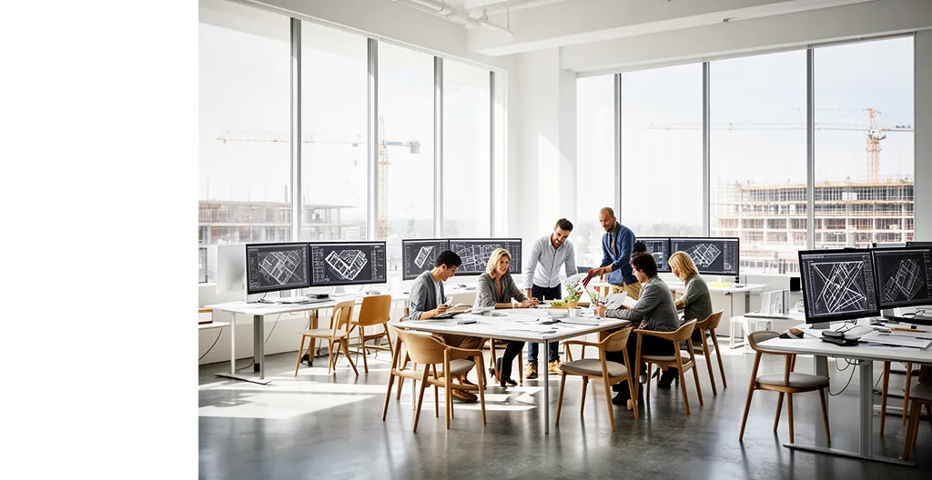 Bureau d'architecte moderne avec plans numériques et équipe BTP en discussion