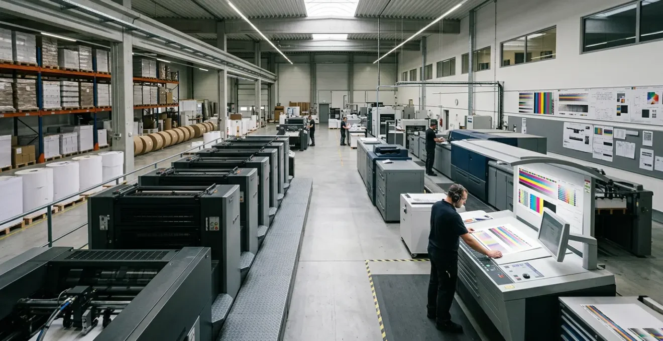 Vue d'un atelier d'imprimerie moderne avec presses offset et numériques en production