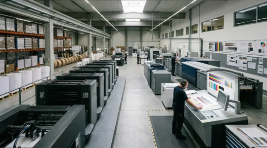 Vue d'un atelier d'imprimerie moderne avec presses offset et numériques en production