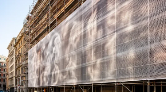 Façade d'immeuble en travaux avec bâche publicitaire mesh grand format installée sur l'échafaudage, visible depuis la rue