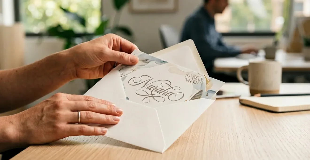 Main tenant une brochure personnalisée avec le nom du destinataire visible sur la couverture, dans un environnement de bureau moderne