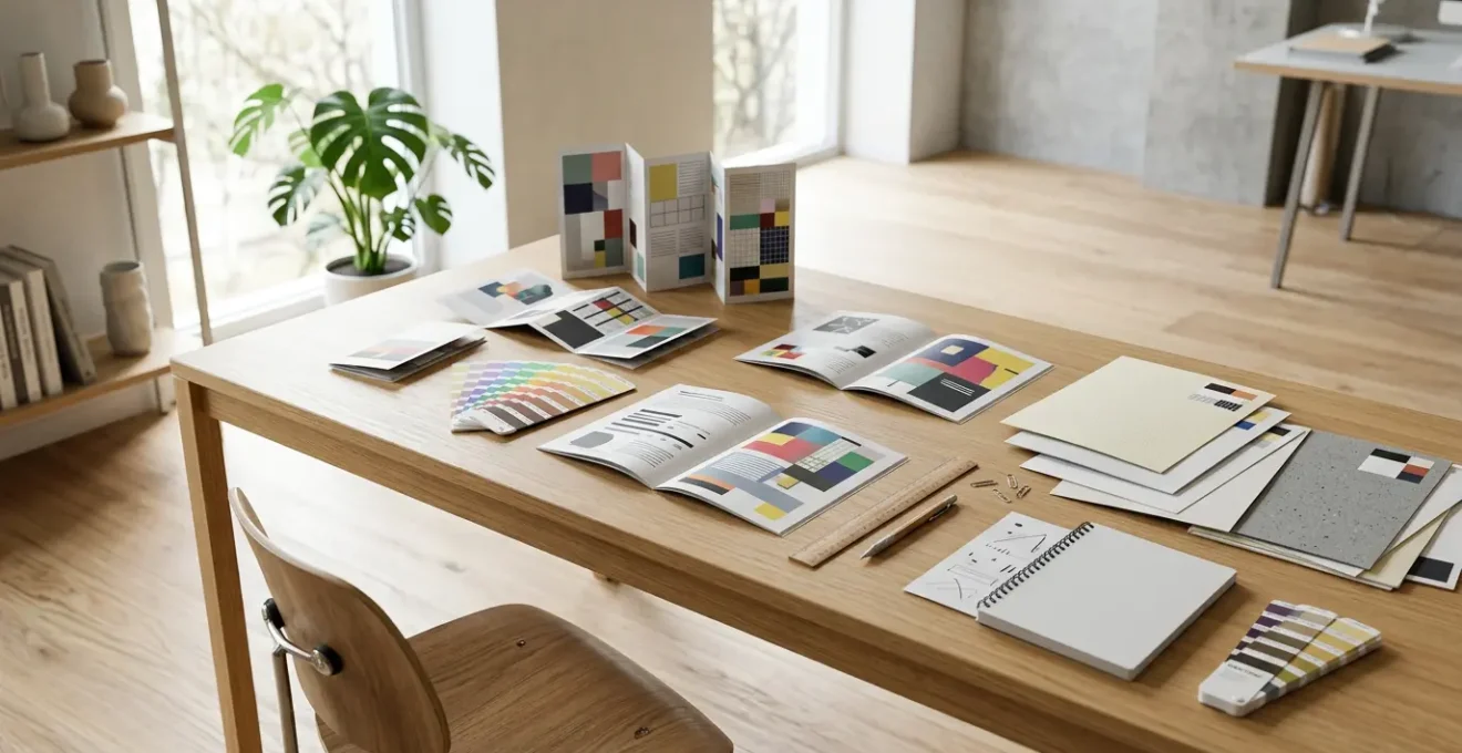 Vue d'ensemble d'un bureau créatif avec brochures en cours de finalisation et outils de mise en page