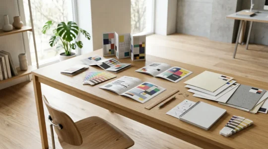 Vue d'ensemble d'un bureau créatif avec brochures en cours de finalisation et outils de mise en page