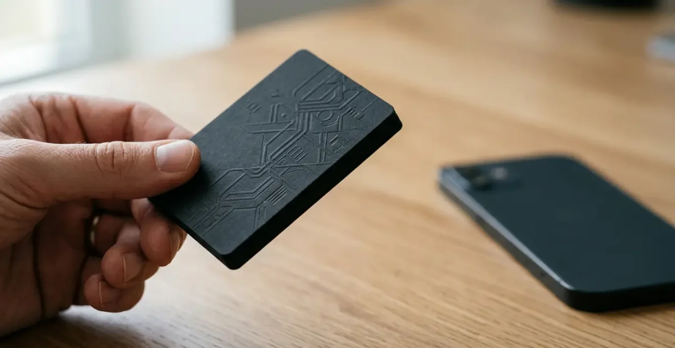 Carte de visite professionnelle avec technologie NFC intégrée posée sur un bureau moderne