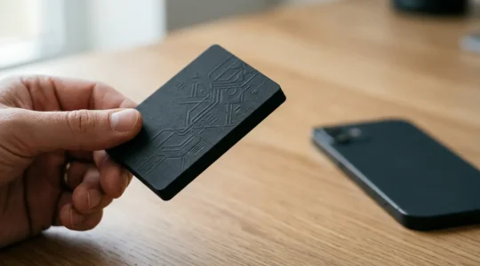 Carte de visite professionnelle avec technologie NFC intégrée posée sur un bureau moderne