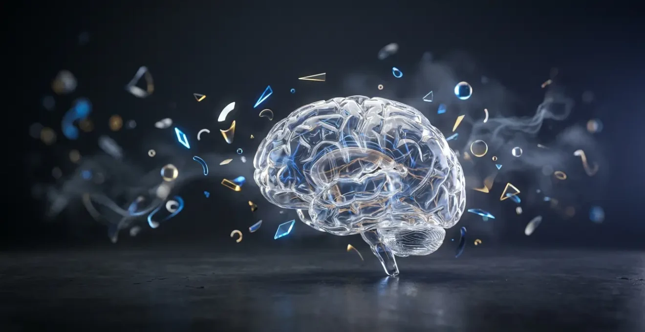 Un cerveau humain entouré d'éléments publicitaires qui s'estompent progressivement, symbolisant l'oubli des marques