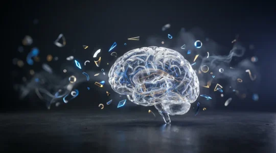 Un cerveau humain entouré d'éléments publicitaires qui s'estompent progressivement, symbolisant l'oubli des marques