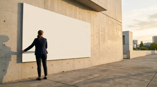 Personne mesurant une grande affiche publicitaire sur un mur avec un instrument de mesure, environnement urbain