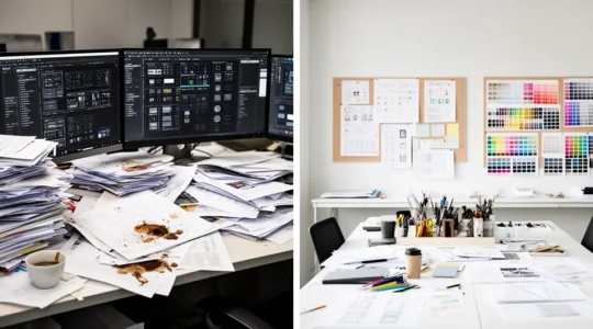 Bureau moderne avec deux espaces de travail contrastés symbolisant le choix entre internalisation et externalisation
