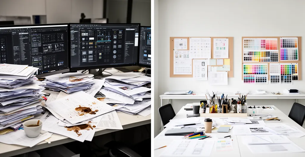 Bureau moderne avec deux espaces de travail contrastés symbolisant le choix entre internalisation et externalisation