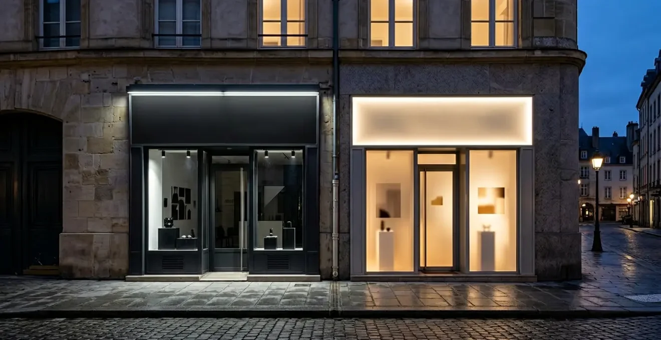 Façade commerciale de nuit montrant deux types d'enseignes éclairées dans un quartier urbain paisible