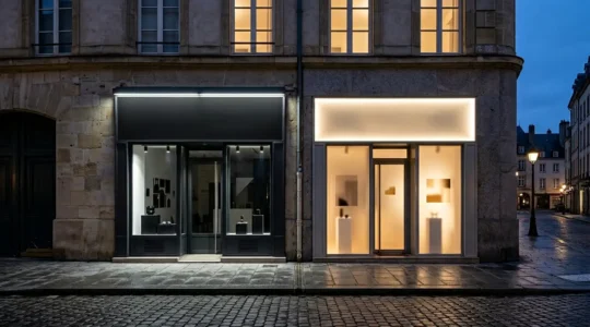 Façade commerciale de nuit montrant deux types d'enseignes éclairées dans un quartier urbain paisible
