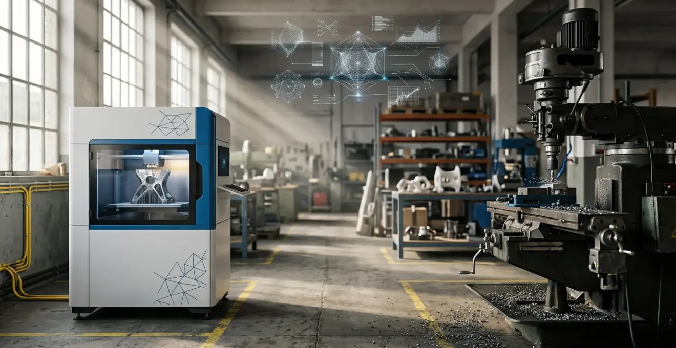 Comparaison visuelle entre une pièce mécanique complexe issue de l'impression 3D et son équivalent créé par usinage traditionnel