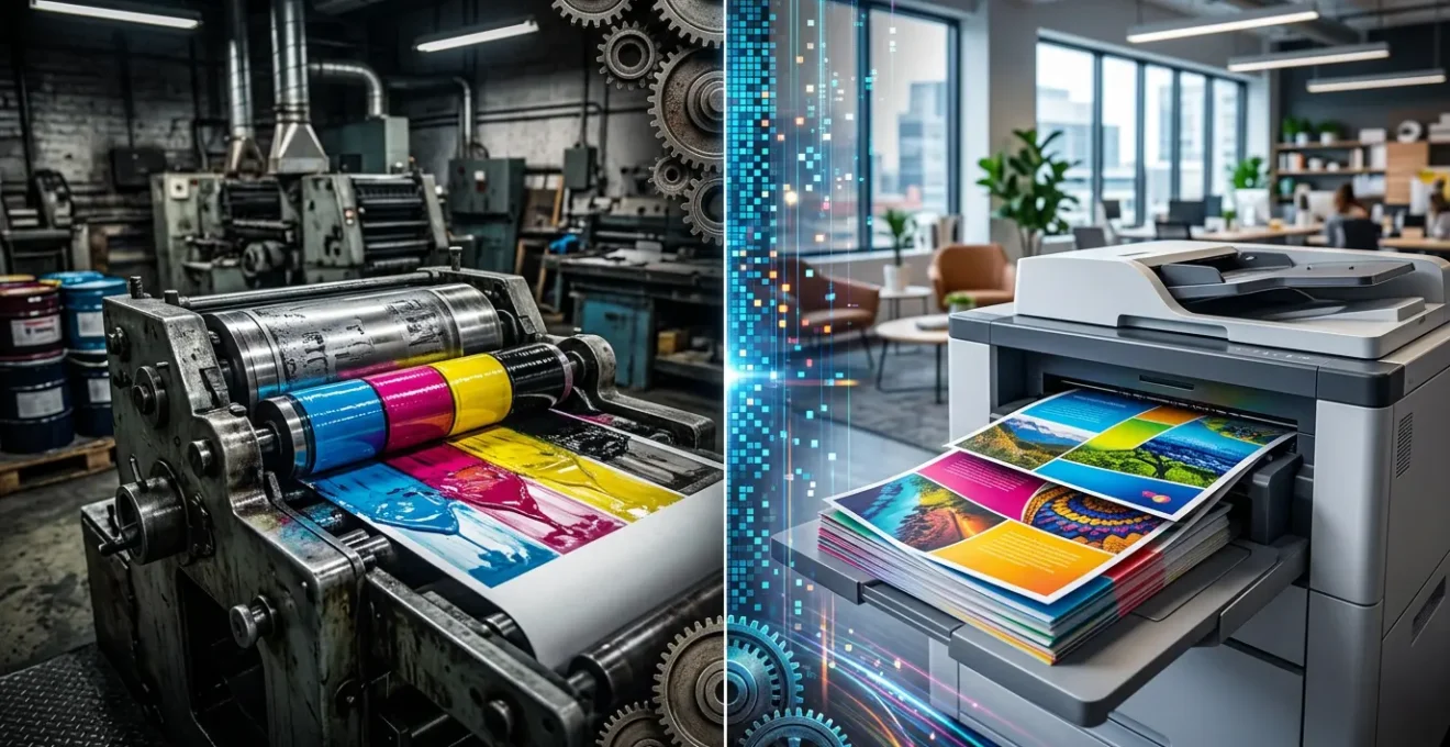 Comparaison visuelle entre une presse offset industrielle et une imprimante numérique moderne pour l'impression de brochures