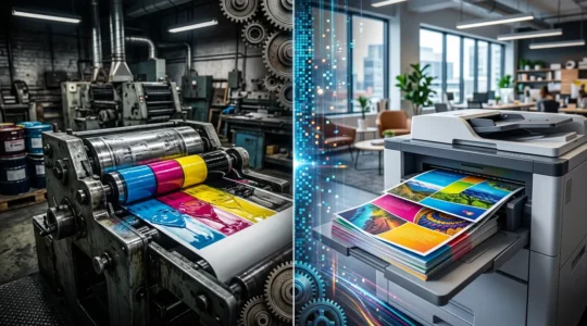 Comparaison visuelle entre une presse offset industrielle et une imprimante numérique moderne pour l'impression de brochures