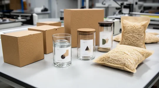 Vue d'ensemble d'emballages éco-conçus conformes à la loi AGEC avec logos Triman et matériaux durables