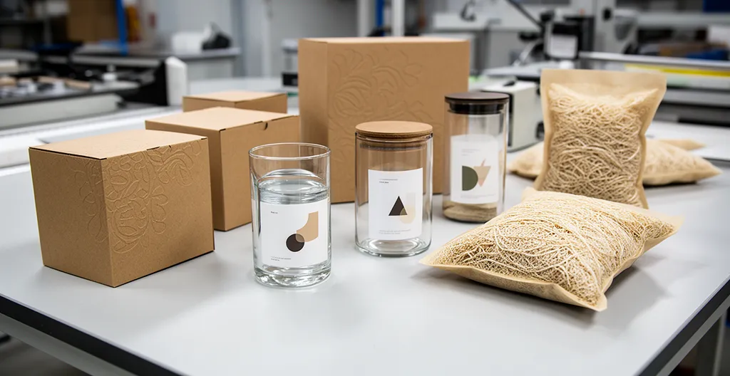 Vue d'ensemble d'emballages éco-conçus conformes à la loi AGEC avec logos Triman et matériaux durables