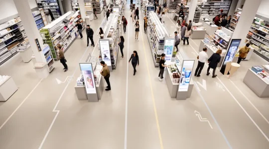 Vue d'ensemble d'un magasin moderne avec signalétique et parcours client visible