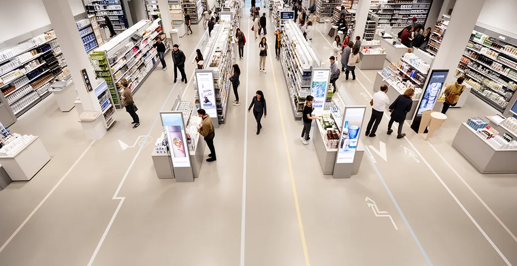 Vue d'ensemble d'un magasin moderne avec signalétique et parcours client visible