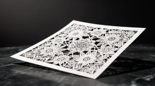 Dentelle de papier découpée au laser montrant des motifs complexes et délicats avec une finesse impossible à réaliser manuellement