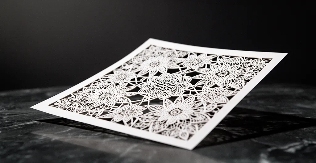 Dentelle de papier découpée au laser montrant des motifs complexes et délicats avec une finesse impossible à réaliser manuellement