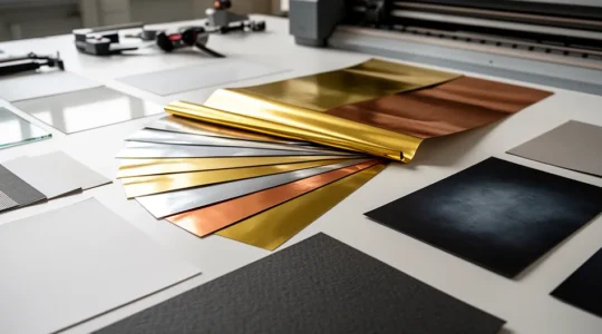 Échantillons de dorures métalliques or, argent et cuivre disposés sur une surface de travail d'imprimerie avec des papiers de luxe