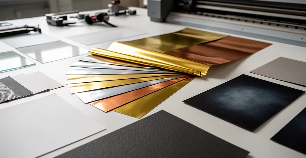 Échantillons de dorures métalliques or, argent et cuivre disposés sur une surface de travail d'imprimerie avec des papiers de luxe
