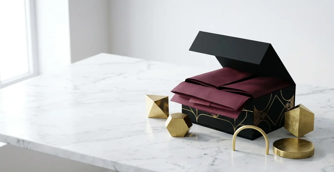 Emballage personnalisé de luxe avec dorure et finitions premium démontrant l'expérience unboxing haut de gamme