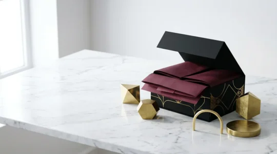 Emballage personnalisé de luxe avec dorure et finitions premium démontrant l'expérience unboxing haut de gamme