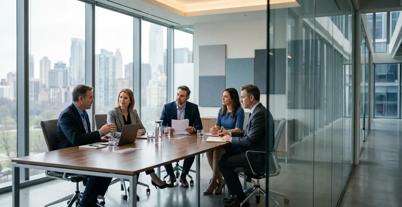 Réunion d'affaires dans une salle de conférence moderne avec présentation cohérente sur écran