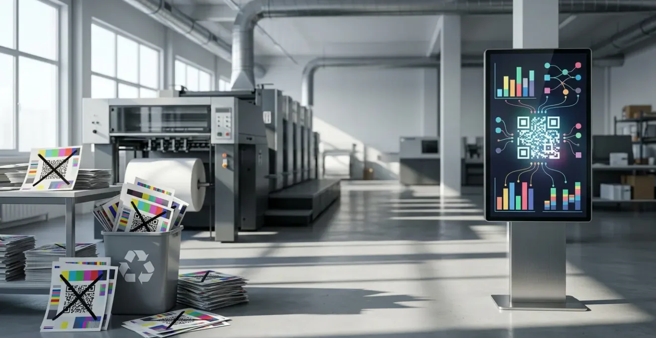 Comparaison visuelle entre un QR code imprimé désuet et des codes dynamiques modernes dans un environnement professionnel