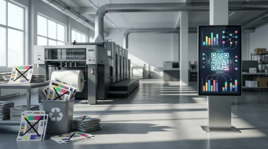 Comparaison visuelle entre un QR code imprimé désuet et des codes dynamiques modernes dans un environnement professionnel