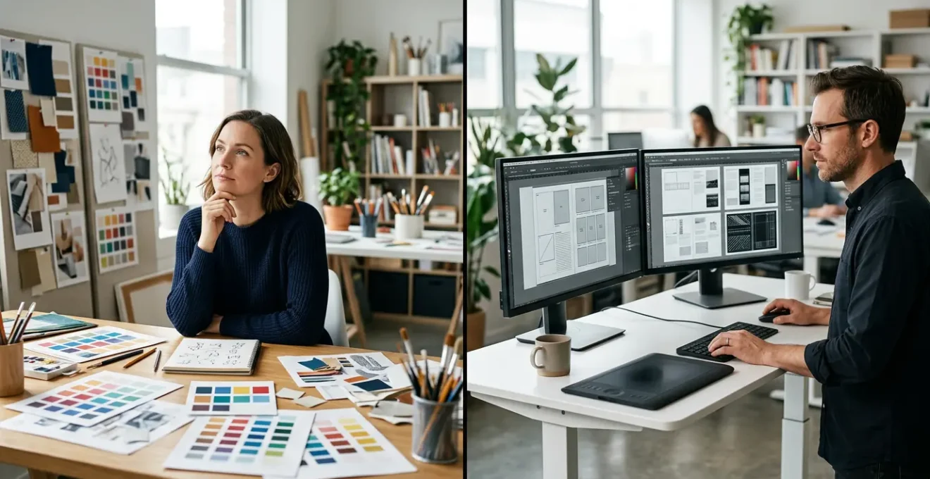 Comparaison visuelle entre un graphiste créatif et un infographiste d'exécution travaillant sur des catalogues produits