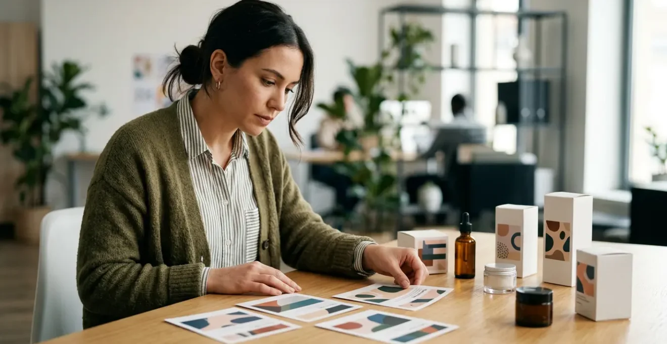 Entrepreneur analysant des échantillons d'étiquettes personnalisées sur une table de travail moderne