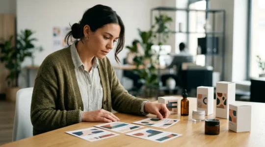 Entrepreneur analysant des échantillons d'étiquettes personnalisées sur une table de travail moderne