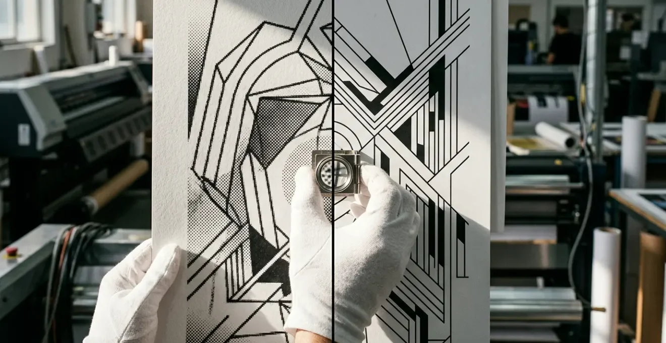 Comparaison entre un logo pixelisé et un logo vectorisé sur une grande affiche publicitaire