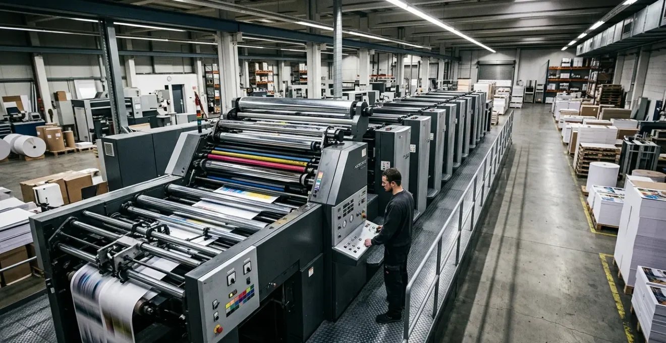 Vue d'ensemble d'une presse offset moderne en production avec cylindres et systèmes d'encrage