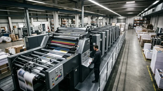 Vue d'ensemble d'une presse offset moderne en production avec cylindres et systèmes d'encrage