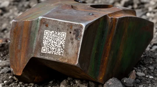 Pièce métallique industrielle avec marquage Datamatrix gravé au laser en environnement extérieur montrant les effets du temps