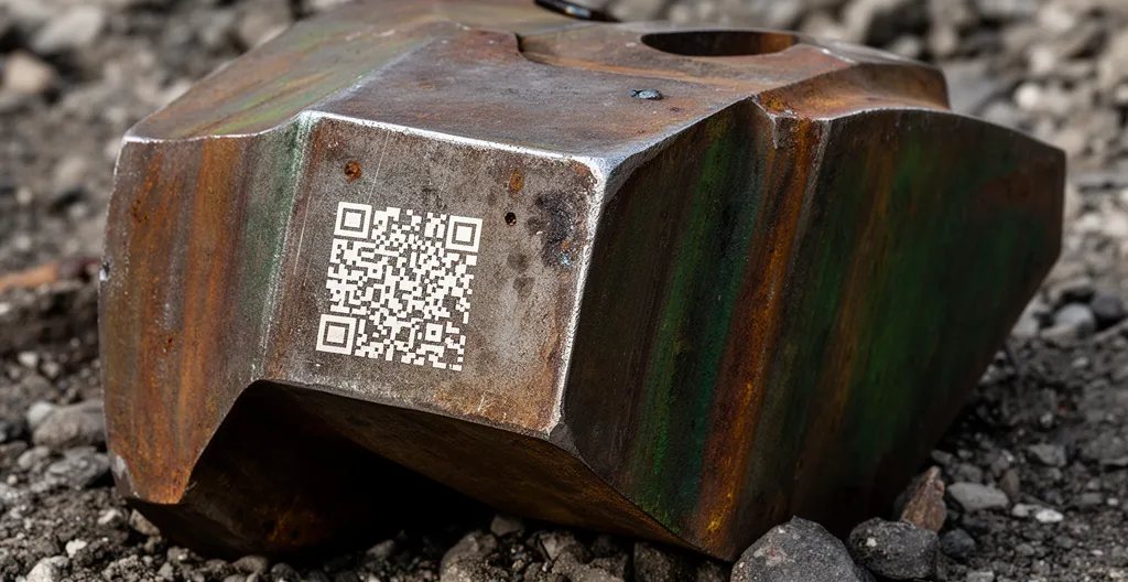 Pièce métallique industrielle avec marquage Datamatrix gravé au laser en environnement extérieur montrant les effets du temps