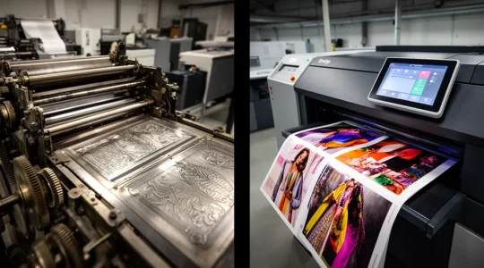 Comparaison visuelle entre une machine offset traditionnelle et une presse numérique HP Indigo dans un atelier d'impression haut de gamme