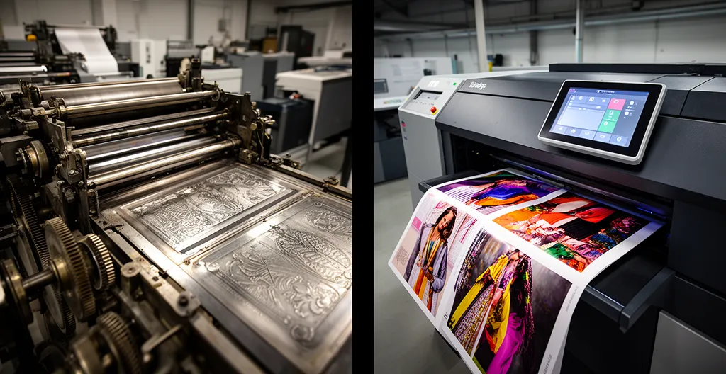 Comparaison visuelle entre une machine offset traditionnelle et une presse numérique HP Indigo dans un atelier d'impression haut de gamme