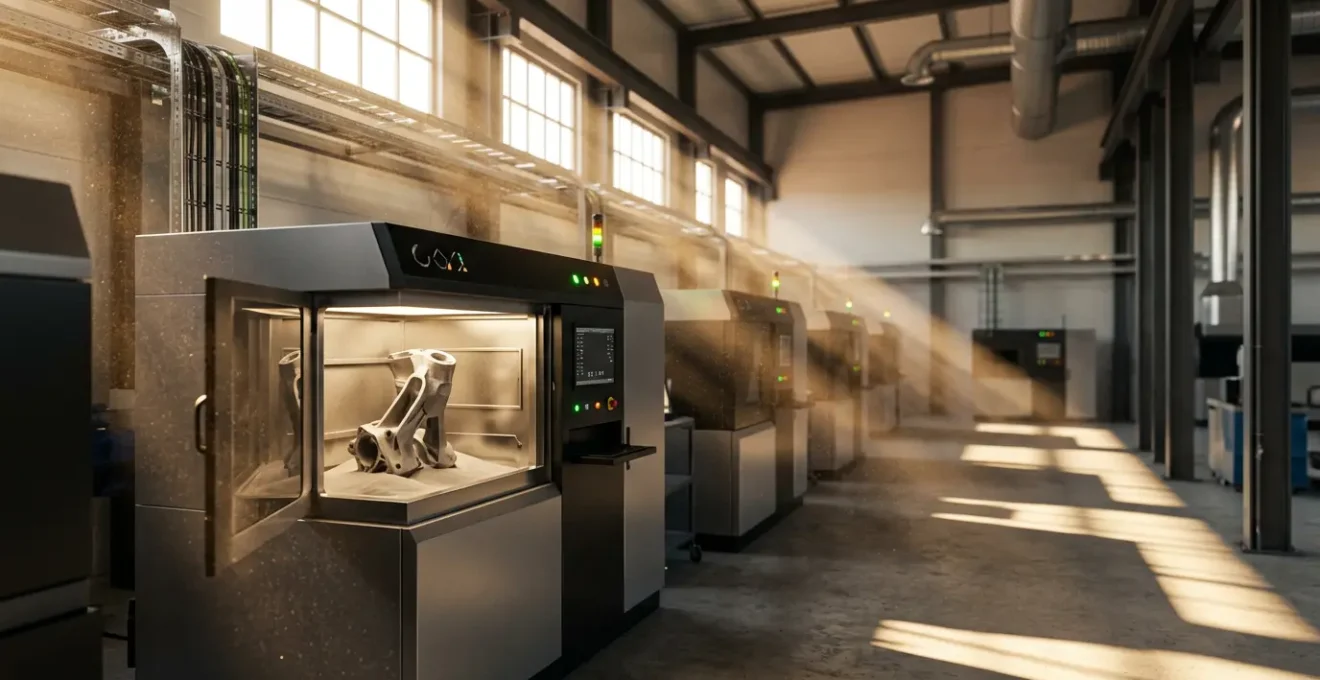 Vue d'ensemble d'un atelier de fabrication additive avec des pièces métalliques et polymères haute performance