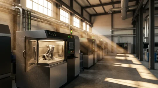 Vue d'ensemble d'un atelier de fabrication additive avec des pièces métalliques et polymères haute performance