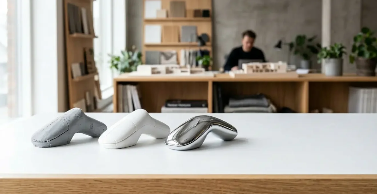 Prototypes successifs d'un produit technologique montrant l'évolution du design à travers trois itérations