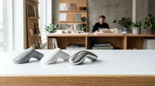Prototypes successifs d'un produit technologique montrant l'évolution du design à travers trois itérations