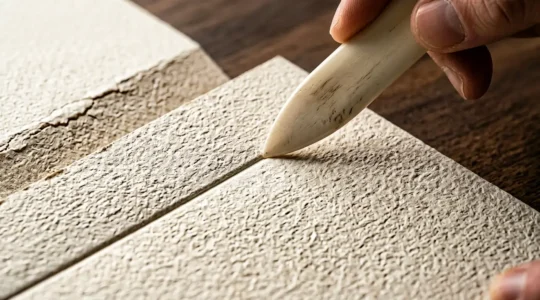 Vue macro d'un papier épais en cours de rainage avec une ligne de pliure nette et sans craquellement